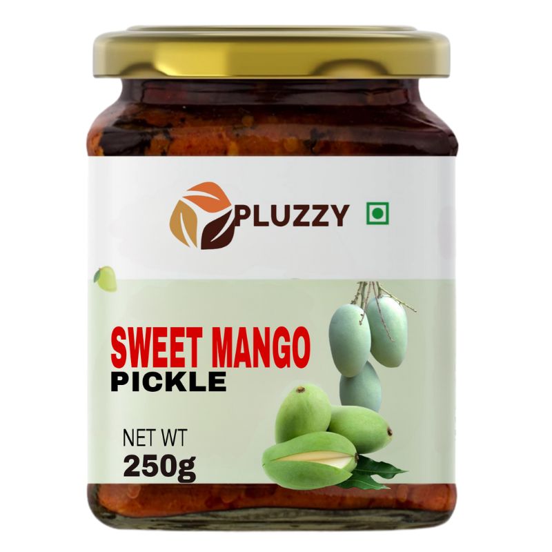 A jar of sweet mango pickle, a delightful blend of ripe mangoes, sugar, and spices.