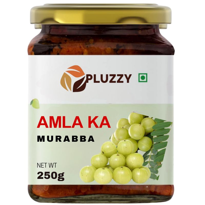 Image of homemade Amla ka Murabba image, an Indian sweet preserve made from Indian gooseberries, stored in a glass jar.